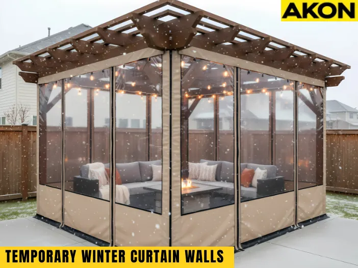 Pergola Side Panels Temporary Winter Solutions That Look Built-In, featuring clear vinyl enclosures blocking snow while keeping the outdoor seating area warm and stylish