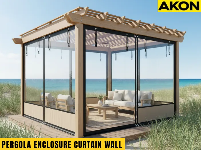 Pergola enclosure curtain wall with clear vinyl panels, designed for coastal climates to protect outdoor seating from salt, wind, and moisture