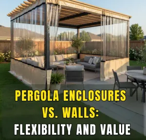 Pergola enclosure with clear curtains compared to solid walls, showing flexible and cost-effective design