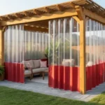 Pergola enclosure with red and clear vinyl panels for privacy and weather protection – Pergola Enclosures vs. Permanent Walls – Flexibility and Resale Value
