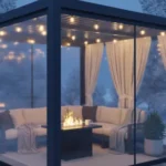 Pergola lit with warm string lights and enclosed with clear vinyl panels and curtains – Winter Pergola Enclosures Clear Vinyl vs. Polycarbonate vs. Curtains
