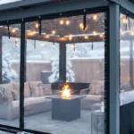 Pergola with black-trim clear vinyl curtains blocking wind and snow – Winterizing a Louvered Pergola – What Works and What to Avoid