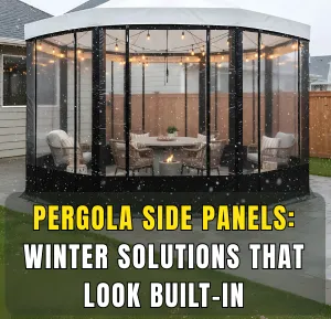 Pergola with clear vinyl side panels offering built-in style winter protection for outdoor seating areas