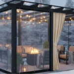 Pergola with mixed clear vinyl panels and tan curtains, creating a flexible winter enclosure – Winter Pergola Enclosures Clear Vinyl vs. Polycarbonate vs. Curtains