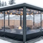 Pergola with reinforced black vinyl enclosure panels keeping outdoor seating dry – Winterizing a Louvered Pergola – What Works and What to Avoid