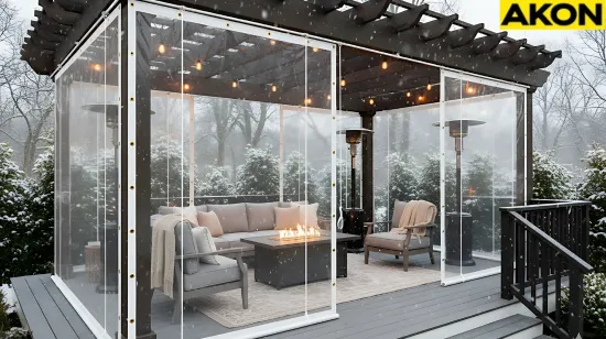 Pergola with transparent vinyl covers blocking snow and wind – Winterizing a Louvered Pergola – What Works and What to Avoid