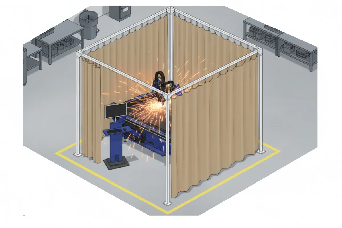 Plasma Burn Table Enclosures Containment with Welding Curtains illustrated isometric view showing sparks contained inside tan vinyl curtain walls around a plasma cutting machine