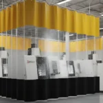 Portable Coolant Spray Containment Solutions for Machining Zones Without a Top Rail featuring red solid dividers with clear upper panels