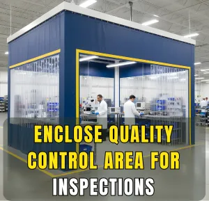 Quality control inspection area enclosed with curtain walls in a manufacturing facility