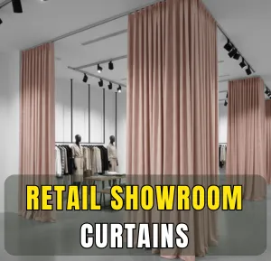 Retail showroom curtains in soft blush pink creating stylish dividers in a modern clothing store