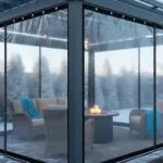 Roll-up Clear Patio Curtains – Keep Your View in Winter protecting a warm outdoor lounge with sofa, fire table, and holiday décor