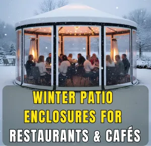 Round patio enclosure with clear panels providing winter dining space for restaurants and cafés