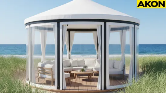 Round white pergola enclosure with clear vinyl panels by the coast, offering comfort and care in salty climates