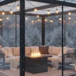 Snowy outdoor pergola fully wrapped in clear vinyl panels with firepit centerpiece – Winter Pergola Enclosures Clear Vinyl vs. Polycarbonate vs. Curtains