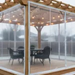Square pergola with transparent vinyl walls, example of how to seal pergola corners and gaps for a tight winter fit