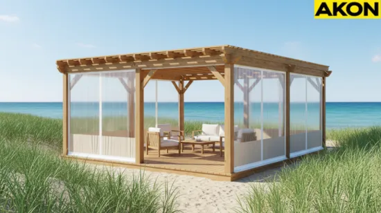Square wooden pergola with transparent vinyl enclosures on a sandy shoreline, built for coastal salt and wind protection