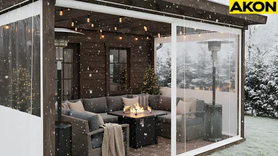 Tan-trim vinyl patio curtains enclosing pergola for cold weather protection – Winterizing a Louvered Pergola – What Works and What to Avoid
