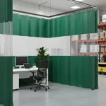 Temporary office space inside warehouses using curtain wall systems featuring green vinyl panels and clear sections for light and oversight