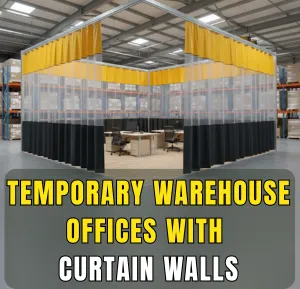 Temporary warehouse office built with industrial curtain walls for flexible workspace solutions