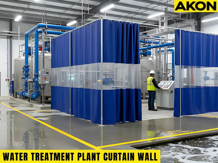 Using curtain walls in water treatment plants for moisture and chemical isolation, showing durable vinyl partitions dividing chlorine and wastewater zones for safety and efficiency