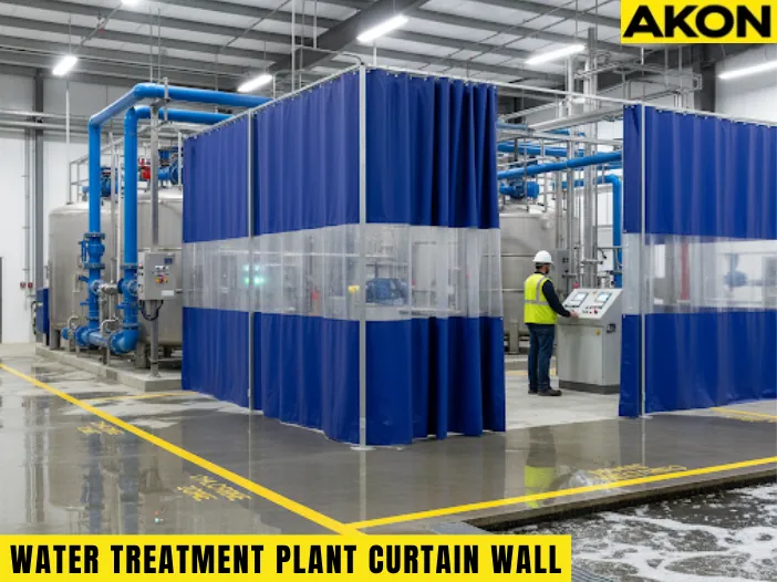 Using curtain walls in water treatment plants for moisture and chemical isolation, showing durable vinyl partitions dividing chlorine and wastewater zones for safety and efficiency