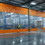Using curtain walls in water treatment plants for moisture and chemical isolation, showing tall orange dividers sectioning off chemical storage and piping systems