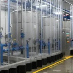 Using curtain walls in water treatment plants for moisture and chemical isolation, with clear panels enclosing large silver storage tanks and blue pipe systems