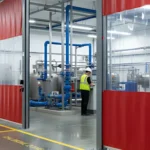 Using curtain walls in water treatment plants for moisture and chemical isolation, with red and transparent panels enclosing pump and pipe systems