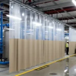 Using curtain walls in water treatment plants for moisture and chemical isolation, with tan dividers creating enclosed areas around water filtration tanks