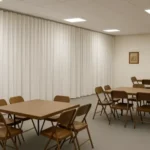 Using curtain walls to create privacy zones in large churches or event halls, with arctic white partitions dividing a fellowship hall furnished with folding tables, chairs, and a cross on the wall