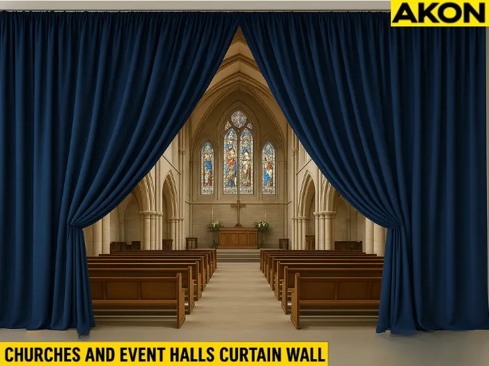 Using curtain walls to create privacy zones in large churches or event halls, with blue fabric dividers framing pews and stained glass inside a worship space