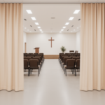 Using curtain walls to create privacy zones in large churches or event halls, with champagne-colored partitions framing rows of chairs, a podium, and a cross in a modern church sanctuary