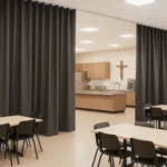 Using curtain walls to create privacy zones in large churches or event halls, with fellowship spaces divided by navy curtains, round tables, and warm church details