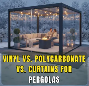 Vinyl vs polycarbonate vs curtains for pergolas – modern pergola with clear enclosure panels in snowy backyard