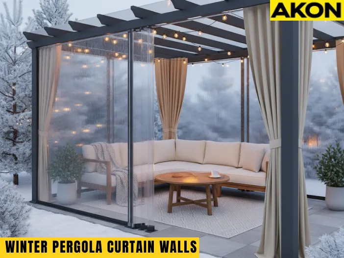 Winter Pergola Enclosures Clear Vinyl vs. Polycarbonate vs. Curtains shown with a cozy pergola setup using clear vinyl panels and insulated fabric curtain