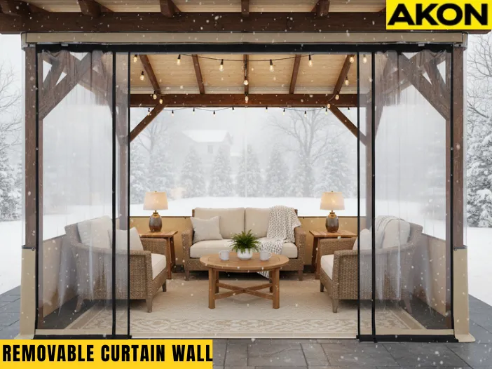 Winterize a screened porch to four-season space with removable panels featuring a clear vinyl enclosure around a cozy outdoor seating area in winter