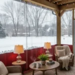Winterize a screened porch to four-season space with removable panels featuring clear vinyl walls and cozy furniture setup in snowy weather