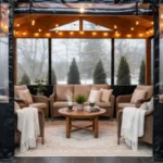 Winterize a screened porch to four-season space with removable panels using heavy-duty vinyl curtains that add durability and style