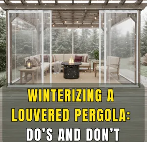 Winterizing a louvered pergola with clear vinyl curtains, outdoor furniture and firepit in snowy setting