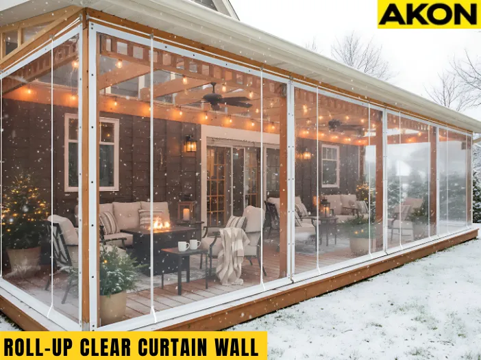 Winterizing a louvered pergola – what works and what to avoid, featuring a modern pergola with clear vinyl curtain walls protecting outdoor seating in snowy weather