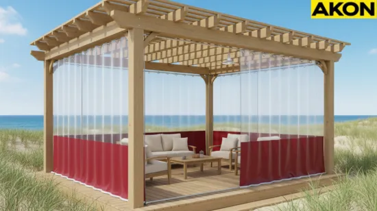 Wooden pergola enclosure with red-and-clear vinyl panels near the beach, showing protection against salt air and wind