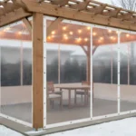 Wooden pergola in winter sealed with clear vinyl panels for Pergola Draft-Proofing Stop Wind Whistle Without Losing Light, blocking drafts while keeping light inside