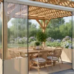 Wooden pergola-style gazebo with clear and opaque vinyl winter walls, showing Gazebo Winter Walls Best Options for Wind, Rain, and Cold during outdoor dining