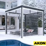 Clear vinyl curtains enclosing an outdoor patio space to block wind and weather while maintaining visibility.