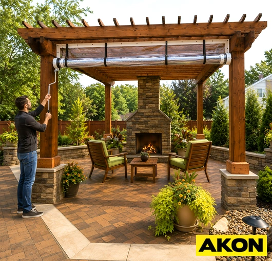 Heavy duty crank gear curtain system installed on a commercial patio to control sun, wind, and weather exposure.
