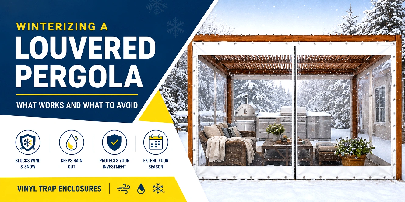 A louvered pergola fitted with weather protection panels to enclose an outdoor space during winter conditions.