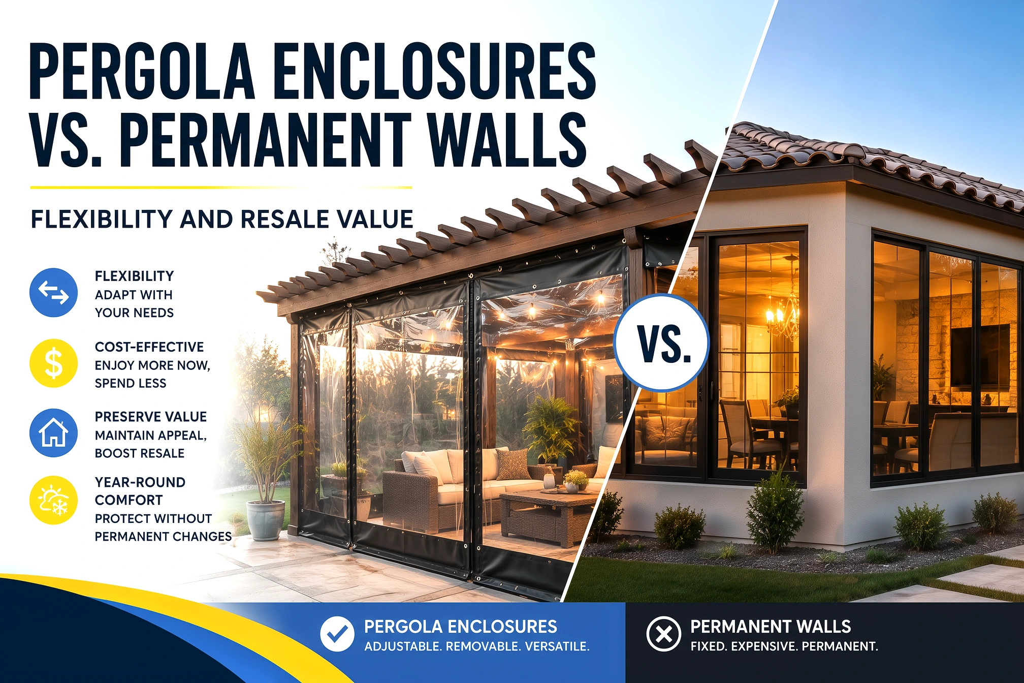 Side-by-side comparison of a pergola enclosure using curtains versus a pergola enclosed with permanent solid walls.