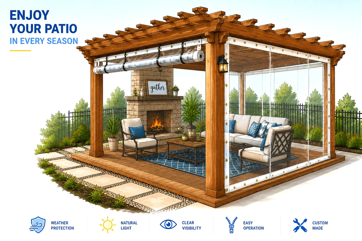 Clear roll-up curtains installed on an outdoor patio, providing weather protection while maintaining visibility.