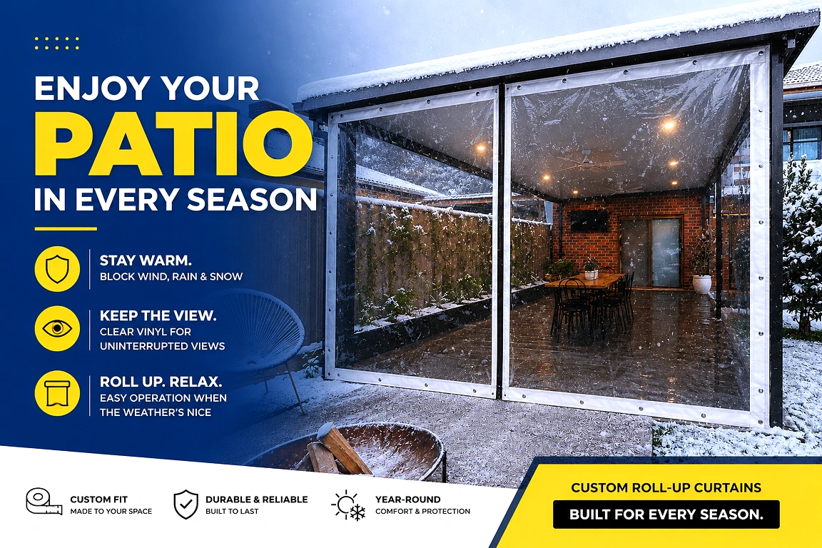 Clear vinyl roll-up curtains installed on a patio enclosure for winter weather protection.