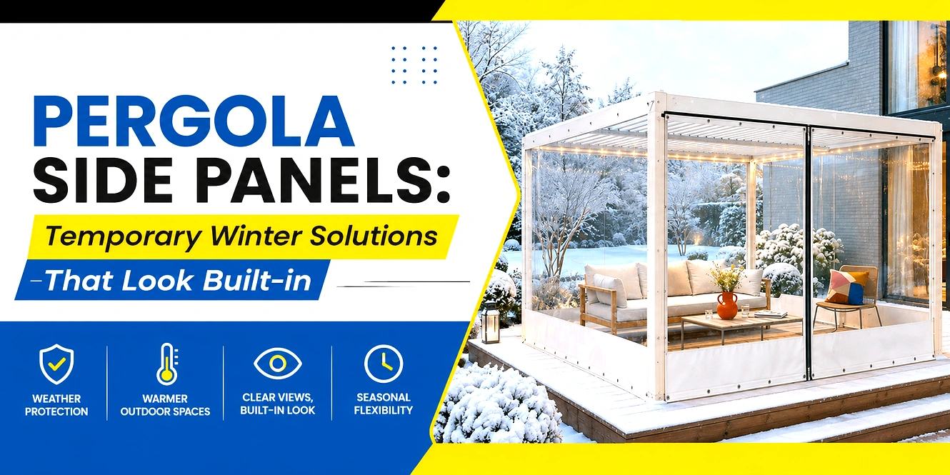 Clear vinyl side panel enclosure installed on a pergola to block wind and weather while maintaining visibility.